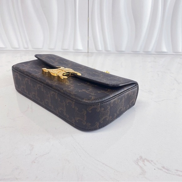 CELINE Triomphe Monogram Canvas Calfskin Leather Shoulder Bag - Picture 9 of 12